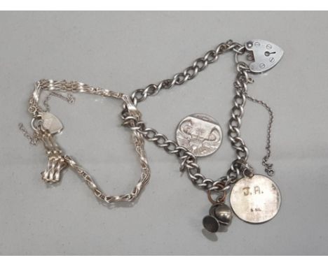 Silver charm bracelet with 3 charms &amp; padlock catch together with a silver 3 bar gate bracelet, total weight 23.3g