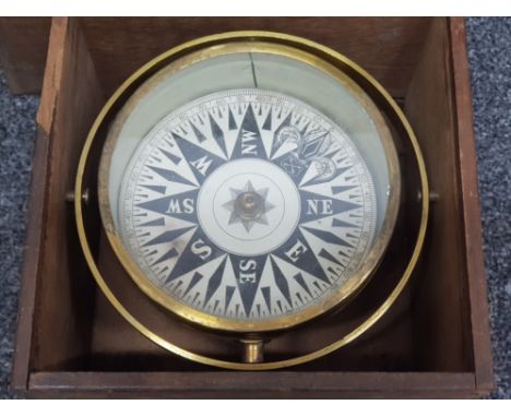 Brass Dry card compass in original slide top wooden box