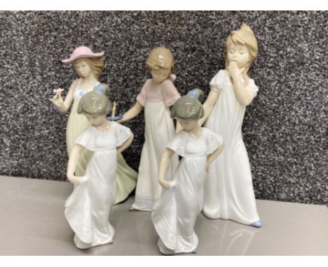 5 Nao by Lladro girl figures (all in good condition except girl with candlestick - missing fingers)