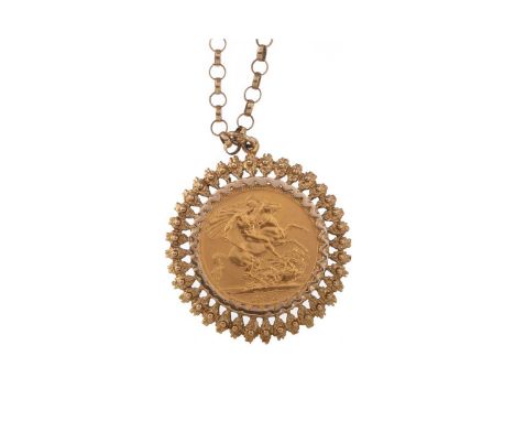 ELIZABETH II GOLD SOVEREIGN PENDANT DATED 1982,within a nine carat gold mount on a nine carat gold belcher chain, 16.8g