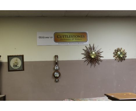 TWO RETRO CLOCKS, A BAROMETER & A FRAMED TAPESTRY OF A SHIP - NOTE: ON BACK WALL