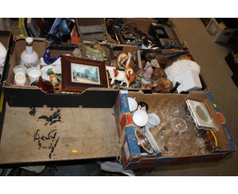 TWO TRAYS OF ASSORTED CERAMICS TO INCLUDE A GOEBEL COW CREAMER + A TRAY OF GLASSWARE  (3)