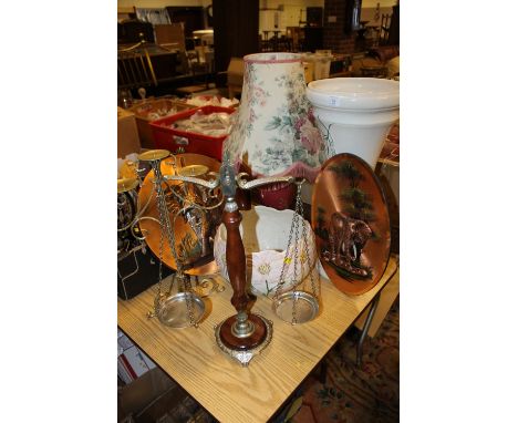 A JARDINIERE STAND, TABLE LAMP, SET OF SCALES ETC