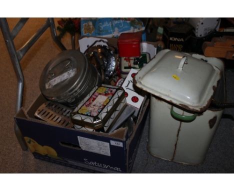 A TRAY OF COLLECTABLE TINS + AN ENAMEL BREAD BIN