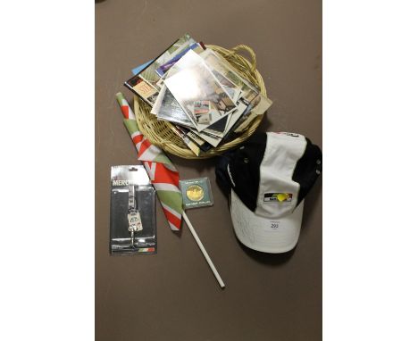 A COLLECTION OF EPHEMERA TO INC A JENSON BUTTON CAP WITH SIGNATURE, POSTCARDS + A VISITOR BOOK