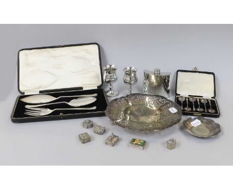 A Cased Set of Six Silver Coffee Spoons, Birmingham 1939; together with Sterling Silver trinket boxes and various items of si