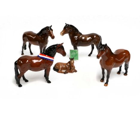 Beswick Mountain and Moorland Ponies, Dartmoor Family Comprising: "Warlord", model No. 1642, with certificate, Warlord's Mare