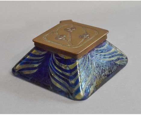 An Art Nouveau Iridescent Glass Inkwell, with brass hinged top, DGRMThe hinge is a little loose, pin broken on one side, some