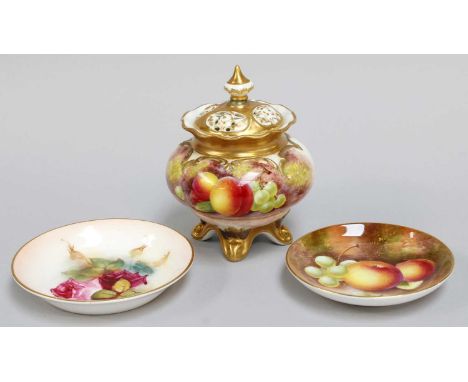 A Royal Worcester Fruit Painted Pot-Pourri and Cover, signed Maybury, 11cm high, A Small Royal Worcester Fruit Painted Dish a