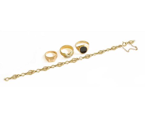 A 9 Carat Gold Fancy Link Bracelet, length 20.5cm (a.f.); Two 9 Carat Gold Signet Rings, finger sizes J and V; and A 9 Carat 