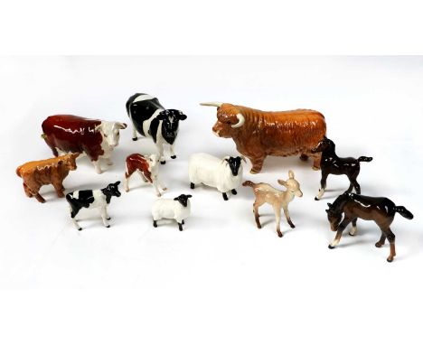 Beswick Cattle Comprising: Highland Bull, model No. 2008 and Calf, model No. 1827D, tan and brown gloss; Friesian Cow Ch. ''C