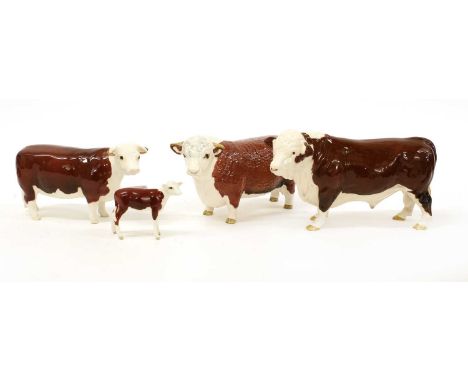 Beswick Hereford Cattle Comprising: Polled Bull, model No. 2549A, Bull, Second Version, model No. 1363, Cow, model No. 1360 a