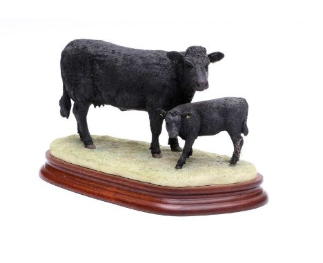 Border Fine Arts 'Welsh Black Cow and Calf', model No. B0998 by David Mayer, limited edition 119/500, on wood base, with box 