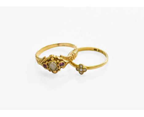 A Diamond and Split Pearl Cluster Ring, stamped '18', finger size J; and A Gem-Set Mourning Ring, with a locket compartment t