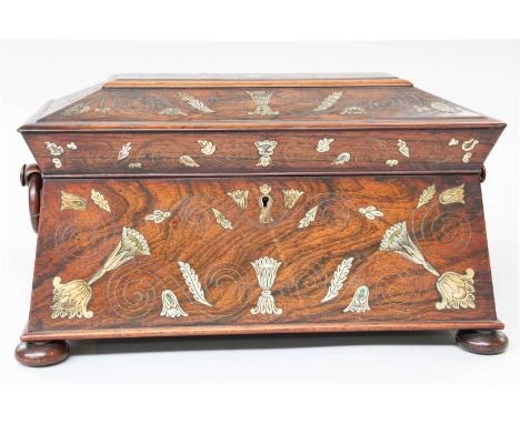 A Rosewood Mother-of-Pearl Inlaid Tea Caddy, circa 1830, 33.5cm wOne internal compartment with a broken cover. Hinges have be