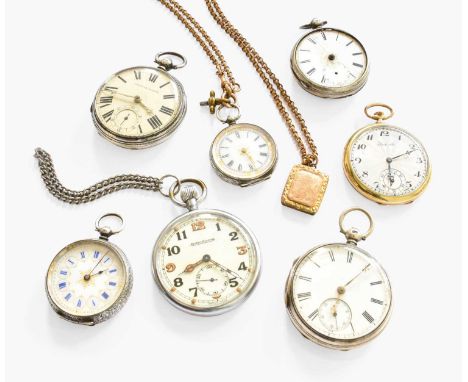 Three Silver Pocket Watches, a Jaeger LeCoultre Military GSTP pocket watch,a plated open faced pocket watch and two silver la