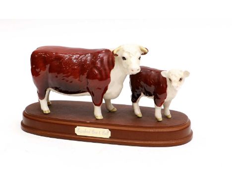 Beswick Hereford Cow and Calf, model No. 1360 and 1827C, brown and white gloss, on wooden plinth