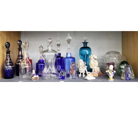 19th Century and Later Glass including glass bells, dump paperweight, Britsol blue rum and brandy decanters, other decanters,