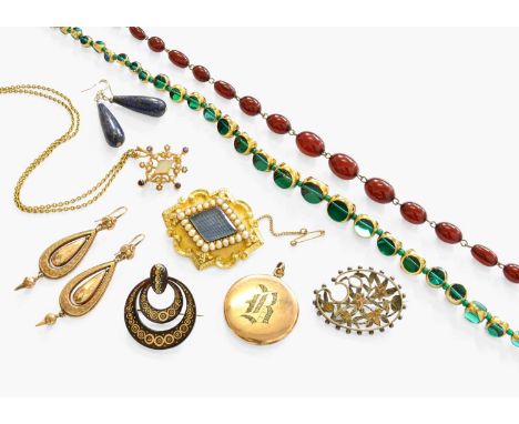 A Quantity of Jewellery, including a mother-of-pearl, seed pearl and amethyst pendant on chain; a paste locket depicting the 