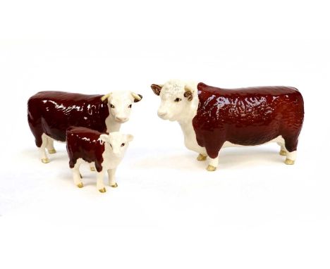 Beswick Hereford Cattle Comprising: Bull, model No. 1363B, Cow, model No. 1360 and Calf, model No. 1827C, all brown and white