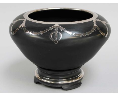 A Silver Overlay Black Glass Bowl on Stand, 12.5cm highSome light surface scratching to the main body, one noticeable scratch