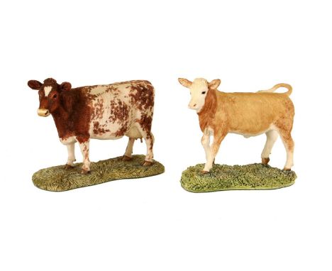 Border Fine Arts 'Simmental Calf' (Style One), model No. 103 by Ray Ayres and 'Shorthorn Cow', model No. 161 by J A Butler, b