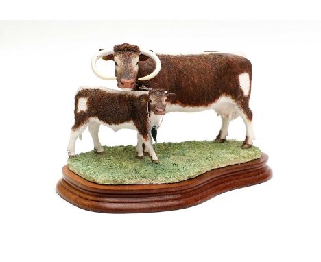 Border Fine Arts 'Longhorn Cow and Calf', model No. B0993 by Ray Ayres, limited edition 224/500, on wood base, with box and c