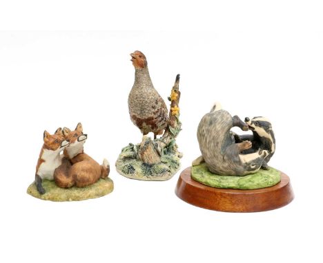 Border Fine Arts 'Partridge' (Style Two), model No. 033 by Ray Ayres; together with 'Foxes', model No. Unknown and 'Badgers' 