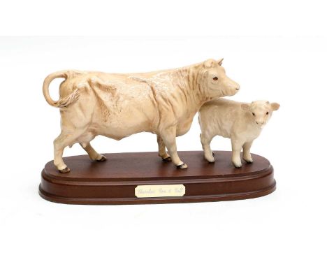 Beswick Charolais Cow and Calf, model No. 3075A and 1827B, on wooden plinth, cream gloss