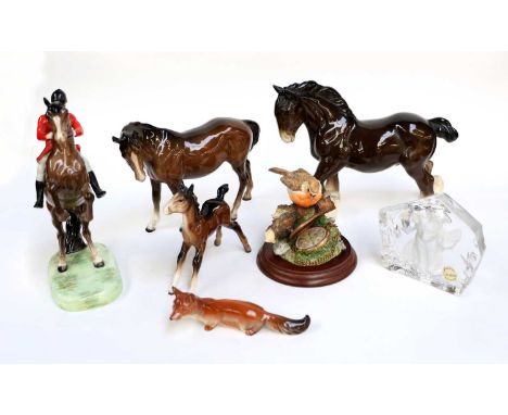 Beswick Huntsman (On Rearing Horse), brown gloss; together with two other brown examples, and a Border Fine Arts 'Robin and P