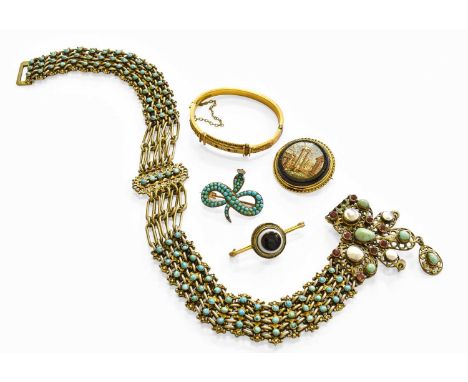 A Quantity of Jewellery, including a turquoise and mother-of-pearl necklace; a micro mosaic brooch; a turquoise snake motif b