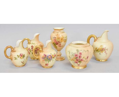 Six Royal Worcester Blush Ivory Items, including: Four Jugs, A Vase and A Jar (cover lacking)