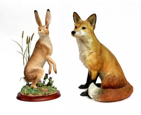 Border Fine Arts 'Wary' (Hare Among Thistles), model No.B1298 by Ray Ayres, on wood base; together with 'Seated Fox' (Style T