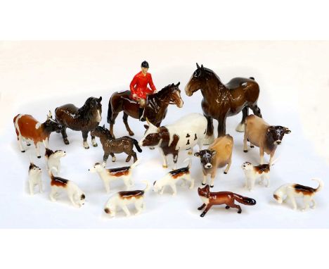 Beswick Animals Including: Huntsman, Style Two: Standing, model No. 1501, brown gloss, eight Hounds and a Fox; an Ayreshire B