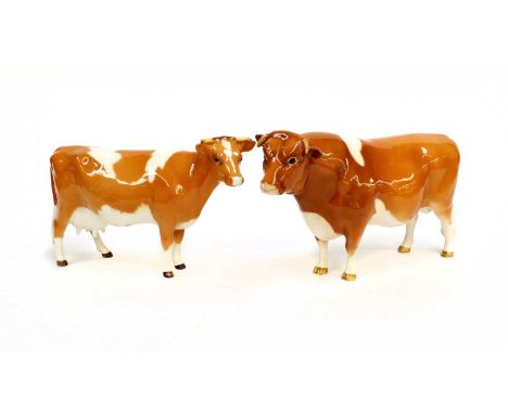 Beswick Guernsey Cattle Comprising: Bull Ch. ''Sabrina's Sir Richmond 14th'', model No. 1451 and Cow, model No. 1248A, both g