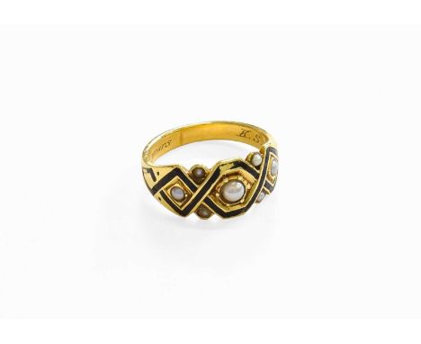 An Enamel and Split Pearl Mourning Ring, engraved to the inner shank K.S. died 27th Feby 1875 aged 99 years, finger size KUnm