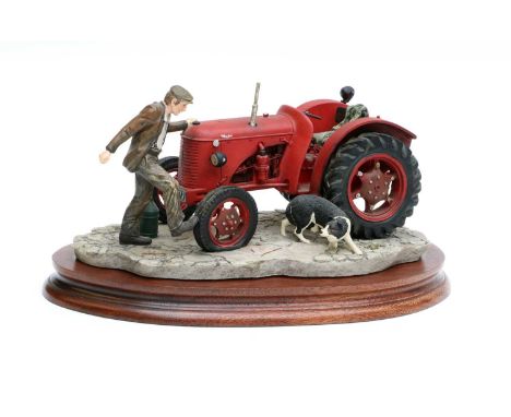 Border Fine Arts 'Kick Start' (David Brown Cropmaster Tractor, Farmer and Collie), model No. B0541 by Ray Ayres, on wood base