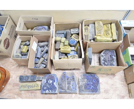 A large collection of wooden vintage printing blocksTo include architectural designs, stylized lettering, makers names, qty, 