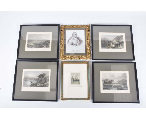 Six various paintings and printsTo include four 19th Century coloured engravings Scottish landscapes, Kilchurn Castle and oth
