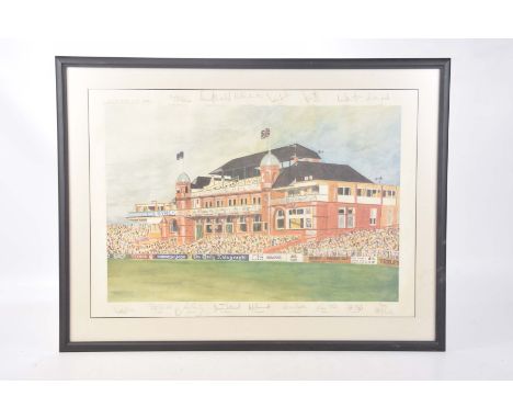 A coloured print of the Lancashire County Cricket Ground dated 1994Depicting the stand with crowd, the top and bottom signed 