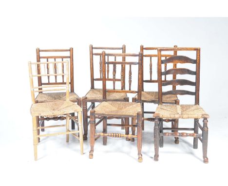 Four 18th/19th Century elm rush seat country chairsEach with a rail back above three turned spindles over an envelope rush se