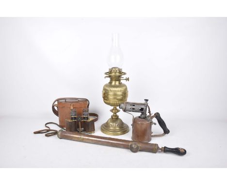 A Victorian oil lamp and three other collector itemsThe oil lamp with an etched glass shade, reeded reservoir and reeded plin
