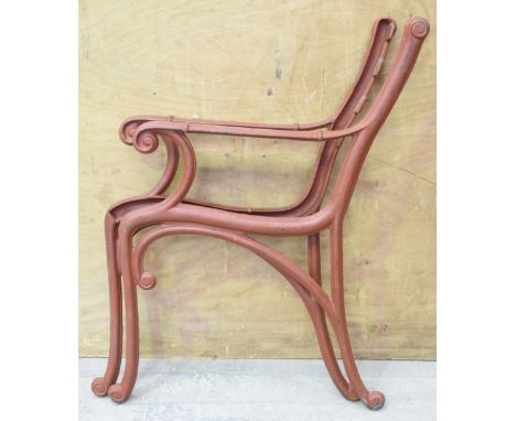 A pair of painted cast iron railway bench supportsEach cast with a scroll terminal and scroll toes, height 80cm.