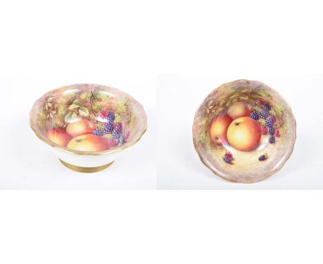 A Royal Worcester fruit pattern bowl, signed Freeman,  20th CenturyWith a gilt embellished shaped rim centred with painted ap