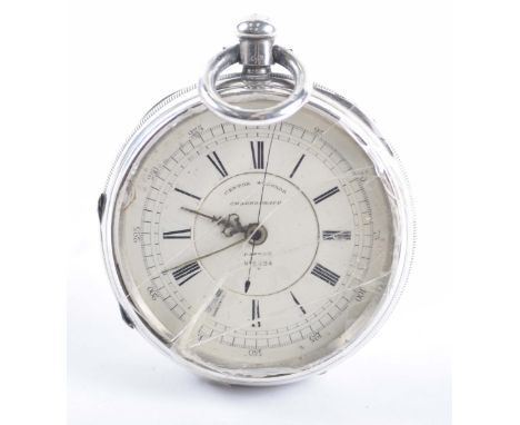 A silver chronograph keywind open face pocket watchThe white dial, with black Roman numerals, with sweep centre seconds hand,