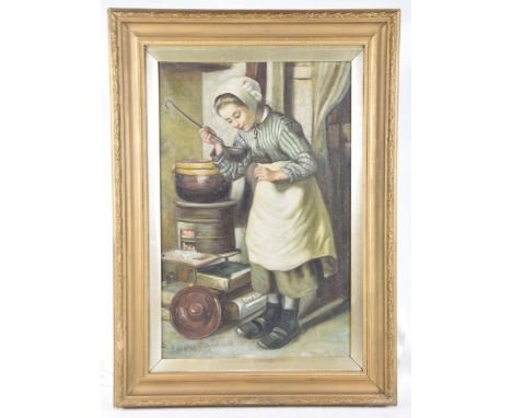 L Van De Valk, Study of a Dutch GirlStanding with a ladle next to a cauldron on a stove, oil on canvas, 38x60cm.