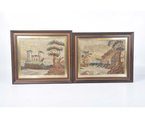 A pair of 19th Century tapestry picturesIn shades of green and brown, the first depicting a castle within a tree lined landsc