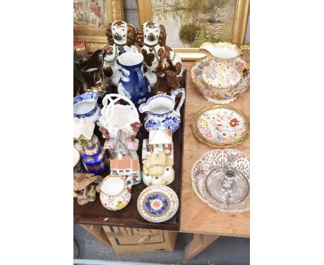 A collection of decorative ceramics, 19th Century and laterTo include copper lustre jugs, Victorian lustre Spaniels, Adams bl