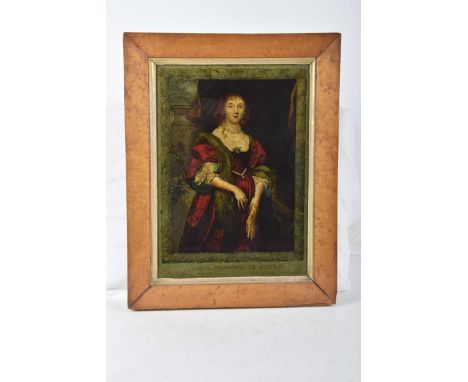 An early 19th Century print on glassDepicting the Countess of Bedford wearing red and green robes, mounted within a birds eye