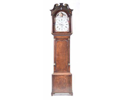 A George III oak and mahogany crossbanded longcase eight day clock, WN Kirk, StockportHaving a painted break arch 12" rolling